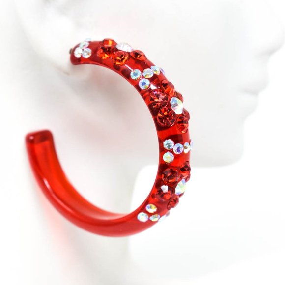 2" Flower Pattern Red Lucite Rhinestone Earrings - Picture 4 of 11